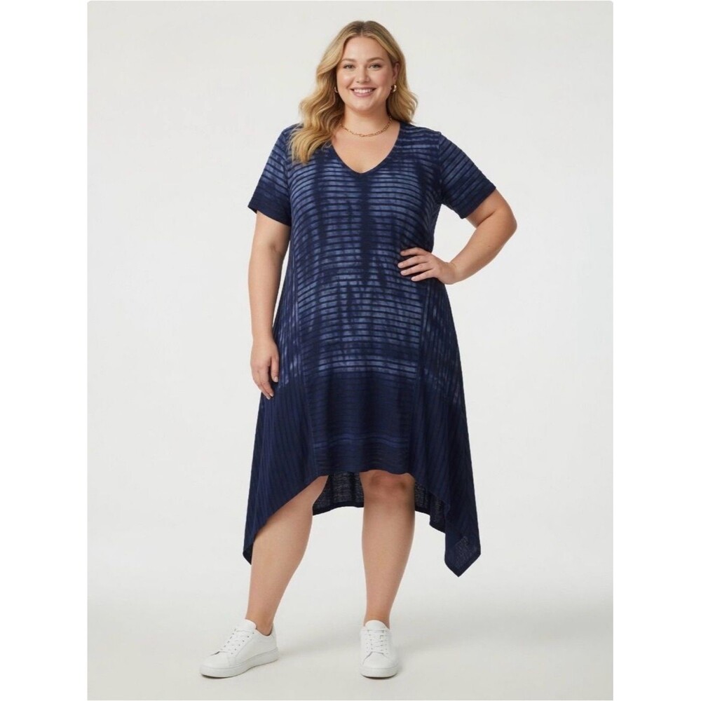 Nanette Lepore Navy Blue Tie-Dye Striped V-Neck Midi Dress